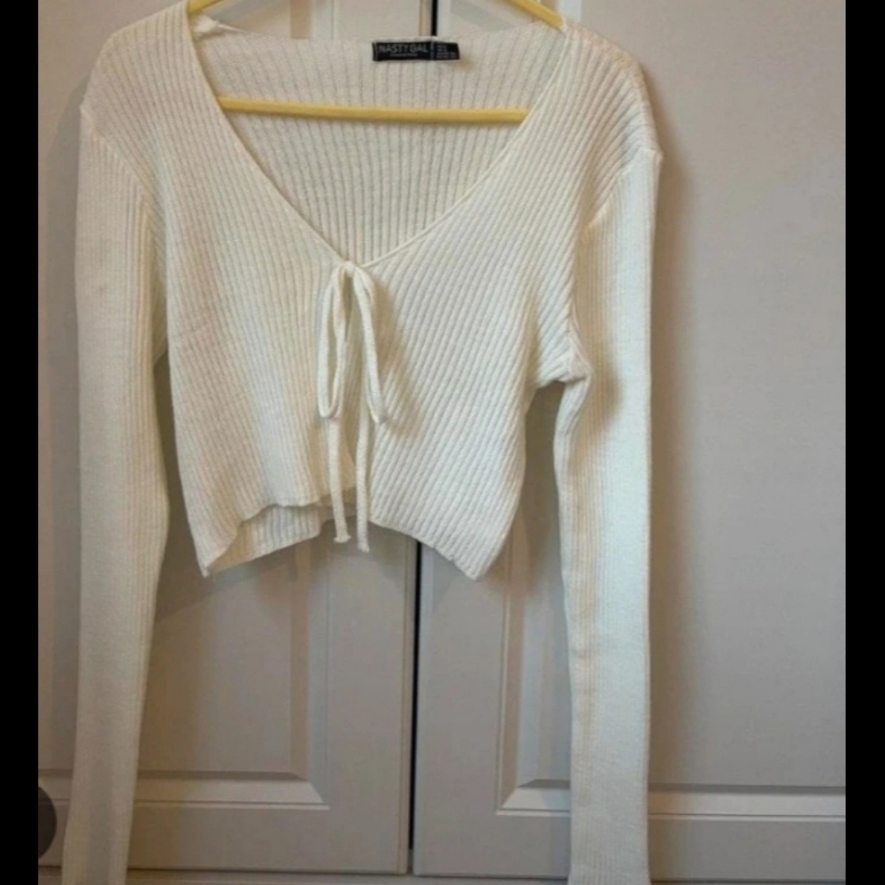 Nasty Gal Cream Ribbed Knit Tie Front Cardigan Top